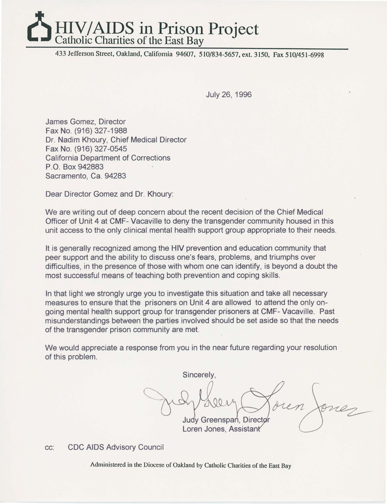 Download the full-sized PDF of Letter on California Medical Facility Unit Four Support Group