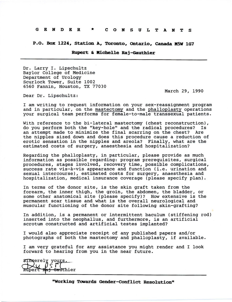 Download the full-sized image of Letter from Rupert Raj to Dr. Larry Lipschultz (March 29, 1990)