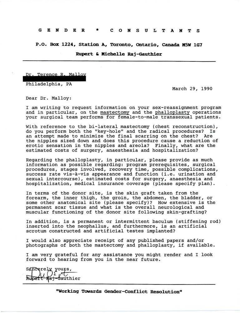 Download the full-sized image of Letter from Rupert Raj to Dr. Terrence R. Malloy (March 29, 1990)